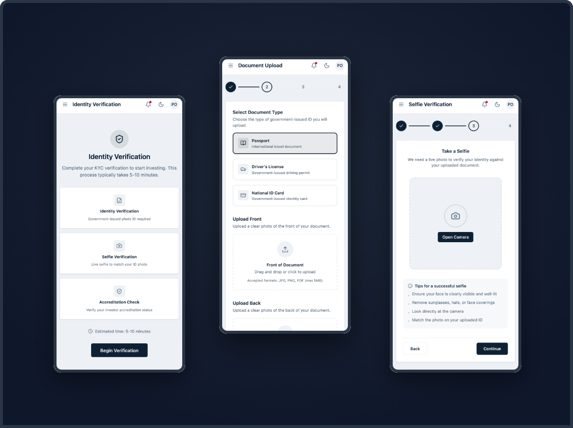 Compliance UX, KYC onboarding screens