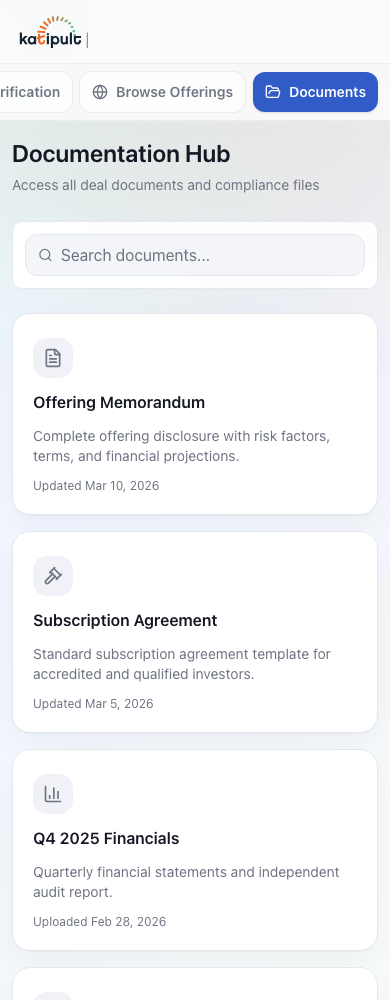Mobile documentation hub on Katipult showing the document list investors had to navigate, a second major friction point driving the 60 percent drop-off at upload