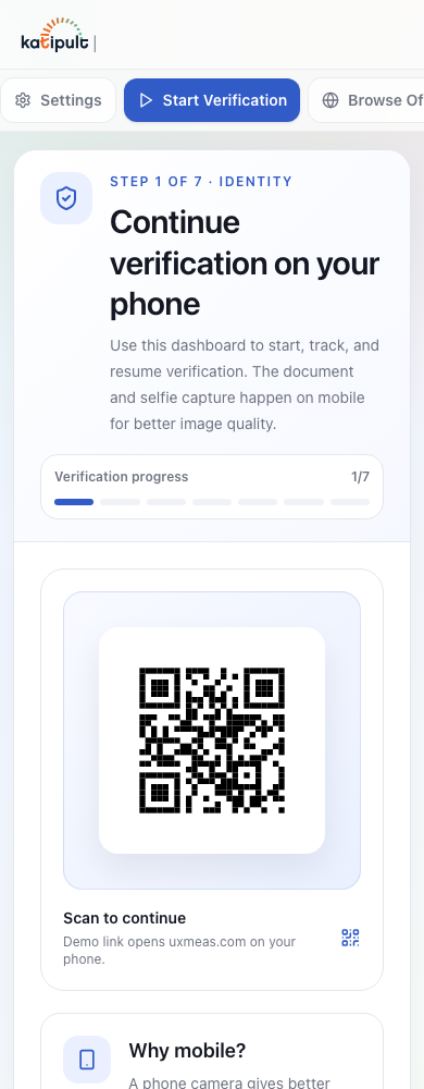 Mobile KYC start screen prompting investor to begin identity verification with document upload options.