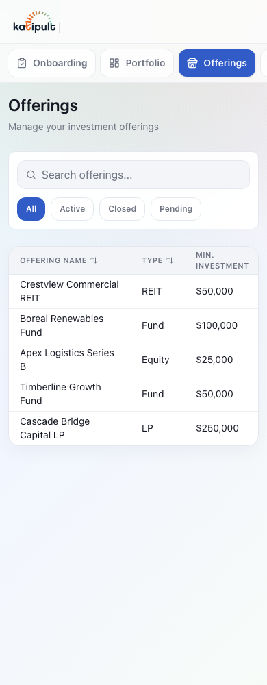 Mobile offerings table showing the investment list investors reach after completing source-of-funds, providing context for the pick-not-write redesign