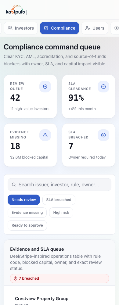 Mobile compliance summary screen showing investor KYC status, accreditation tier, and document checklist in a fixed table layout.