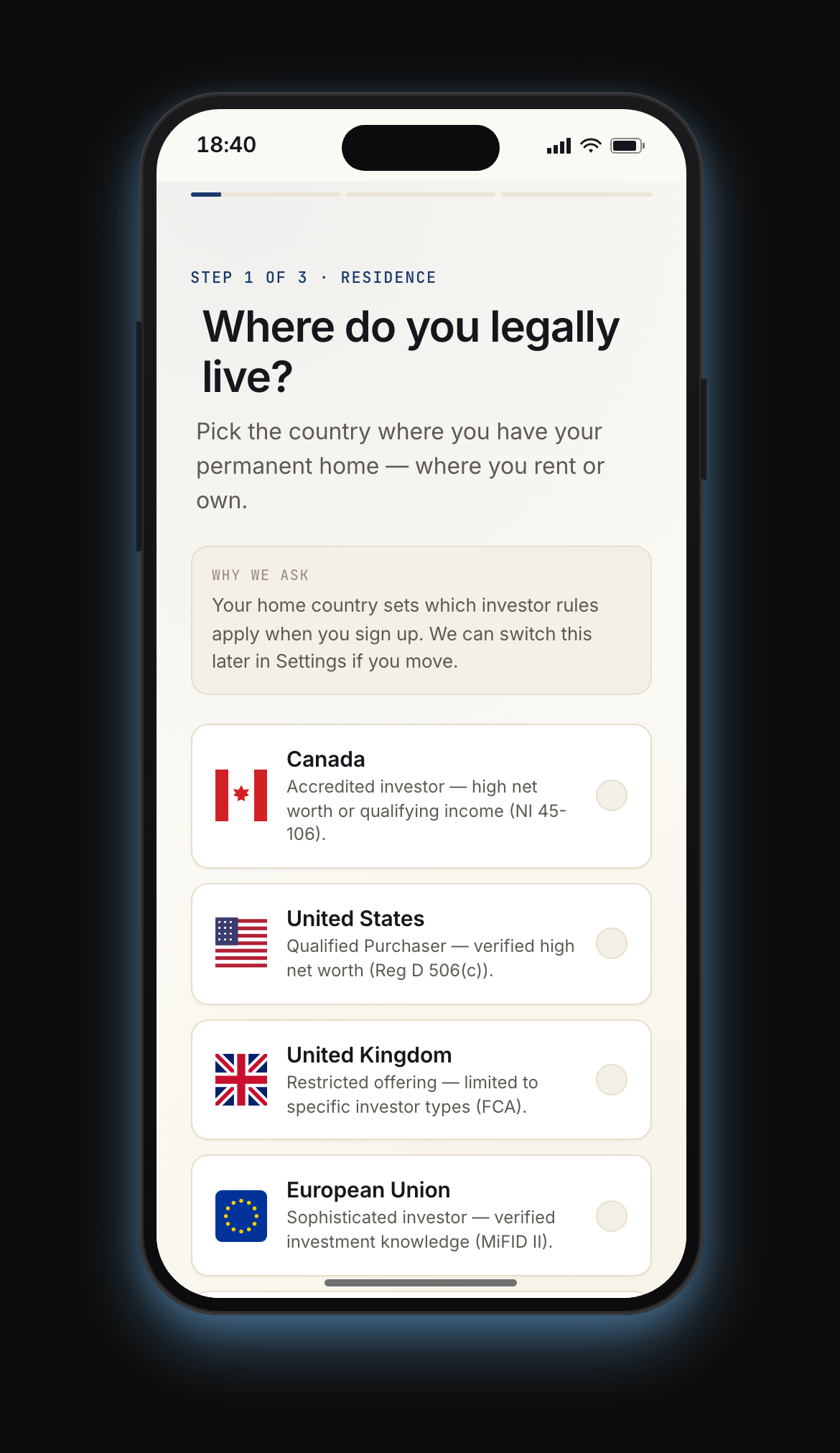 Mobile residency capture — first step of a three-question jurisdiction flow that separates legal residence, tax residence, and citizenship into one decision per screen.