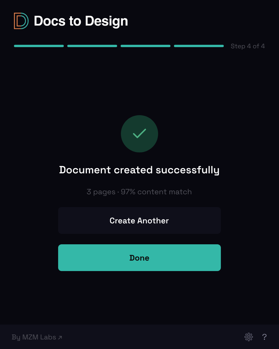 Plugin complete screen — green checkmark, 'Document created successfully' message, and View Document primary action ready to focus the new Figma frames.