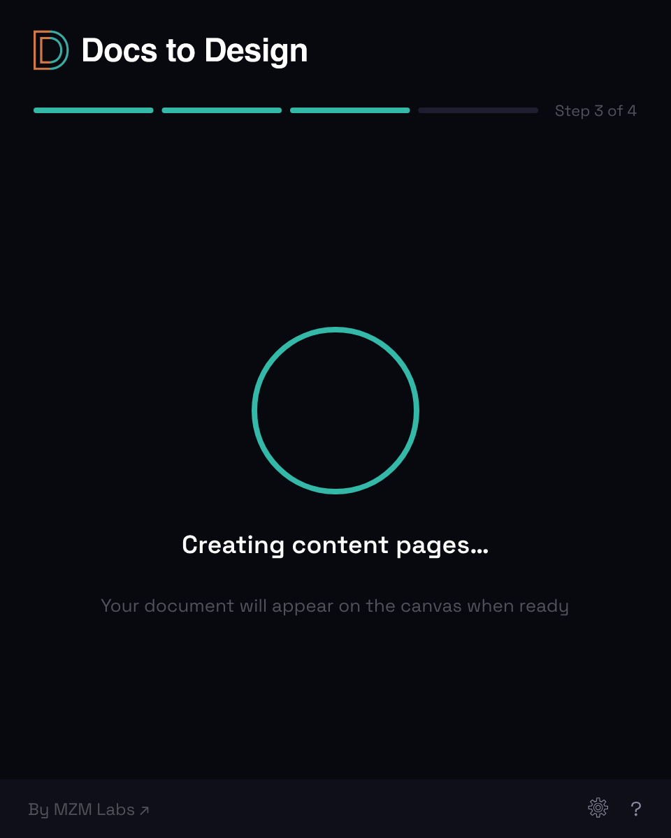 Plugin progress screen — cyan progress arc mid-fill, 'Creating content pages…' status, and animated page thumbnails appearing as each generated page completes.