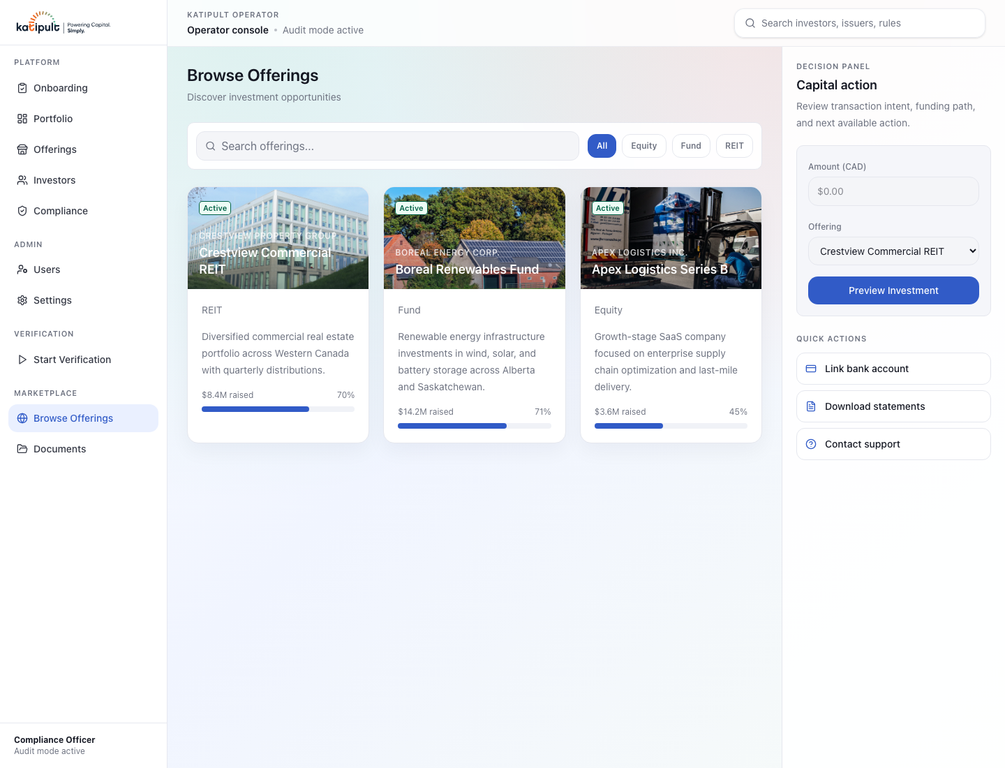 Lending and offerings marketplace on the Katipult platform