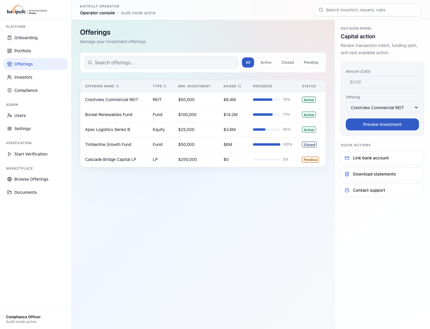 Desktop offerings management table showing the platform that replaced email-based deal management. Deal listings with status, allocation progress, and compliance indicators.
