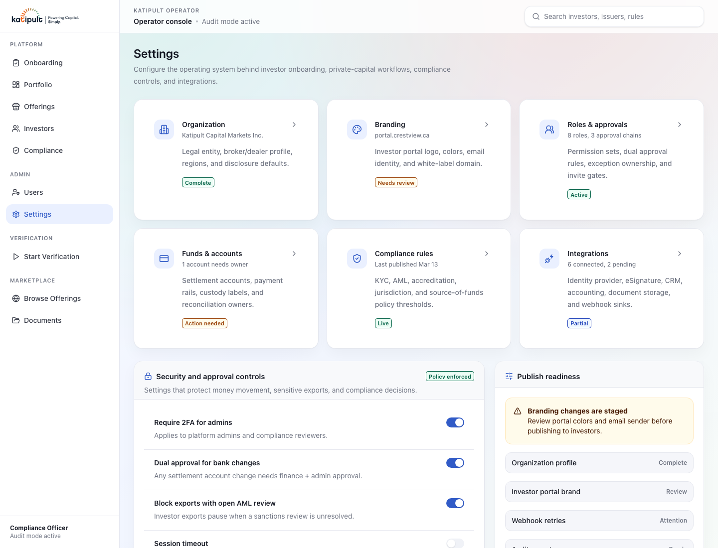 Desktop settings panel showing tenant configuration interface: jurisdictional rules, feature toggles, and brand tokens per deployment