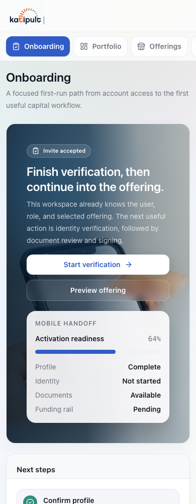 Mobile onboarding flow showing investor account setup with jurisdiction and profile entry steps.
