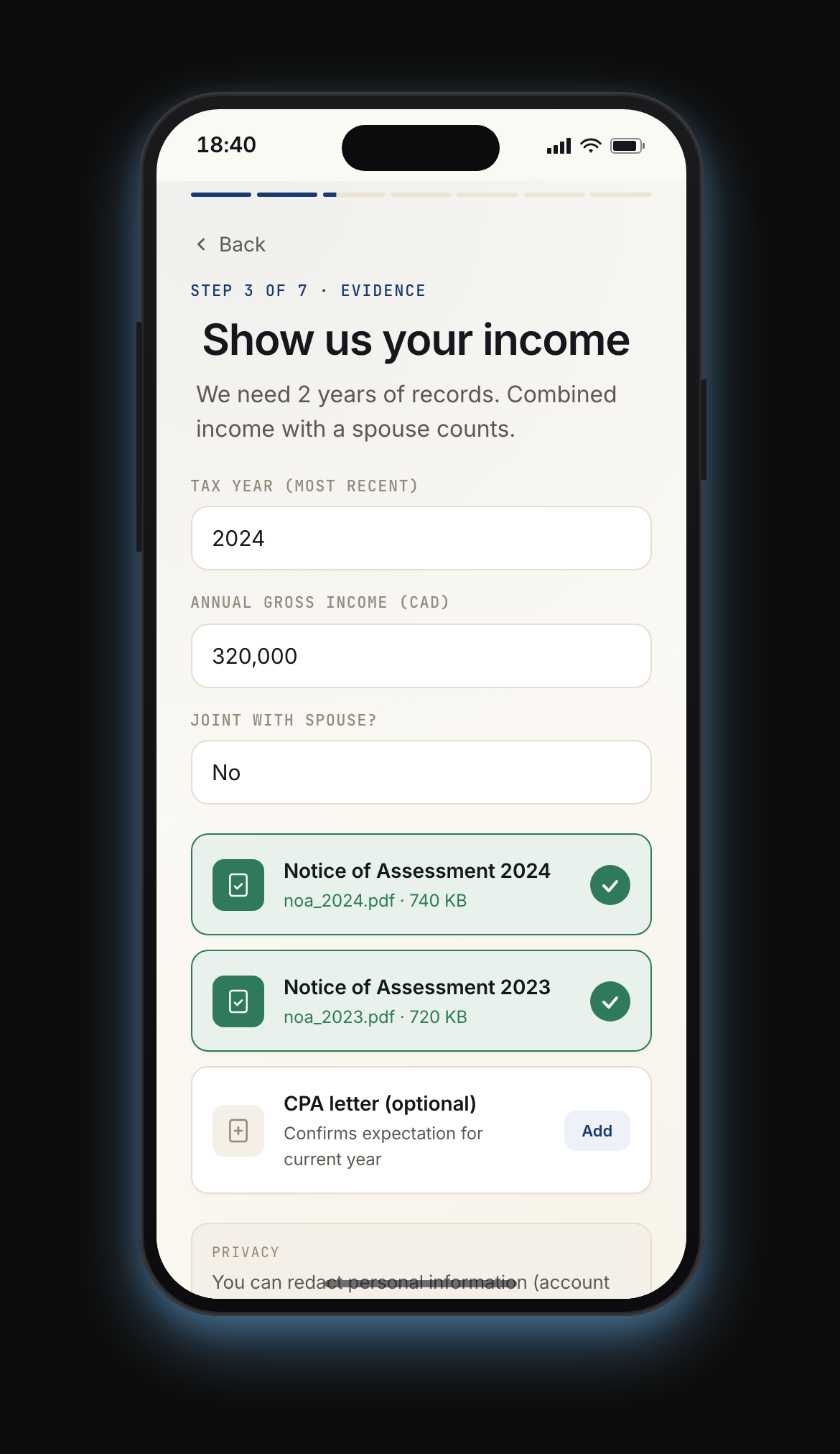 Mobile accreditation evidence — investor proves accredited status with progressive disclosure of required documentation