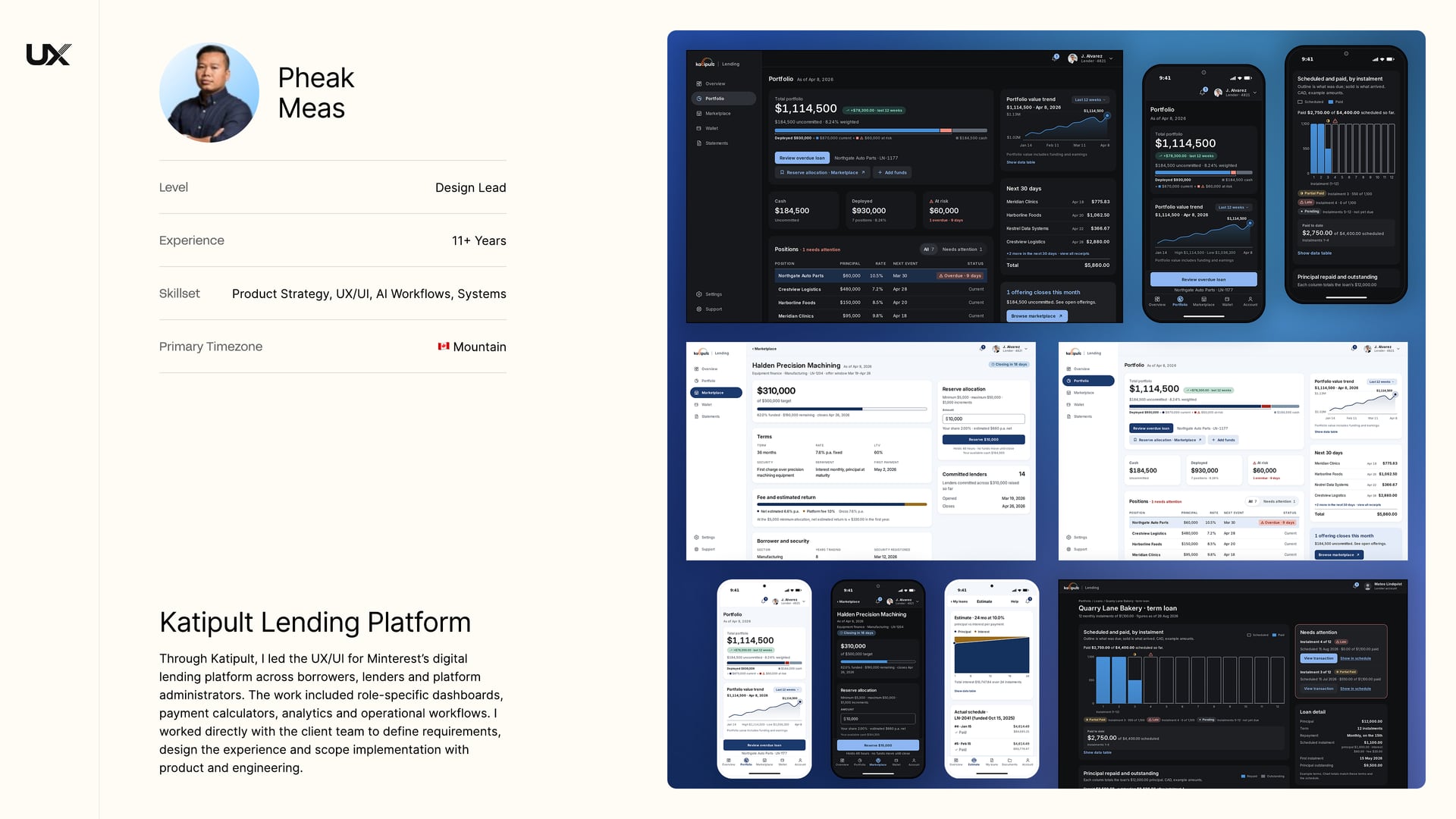 Slide 2: Katipult Lending Platform. Desktop and mobile screens of a lending platform in light and dark themes, including a lender portfolio dashboard, a loan offering page and an instalment schedule chart.