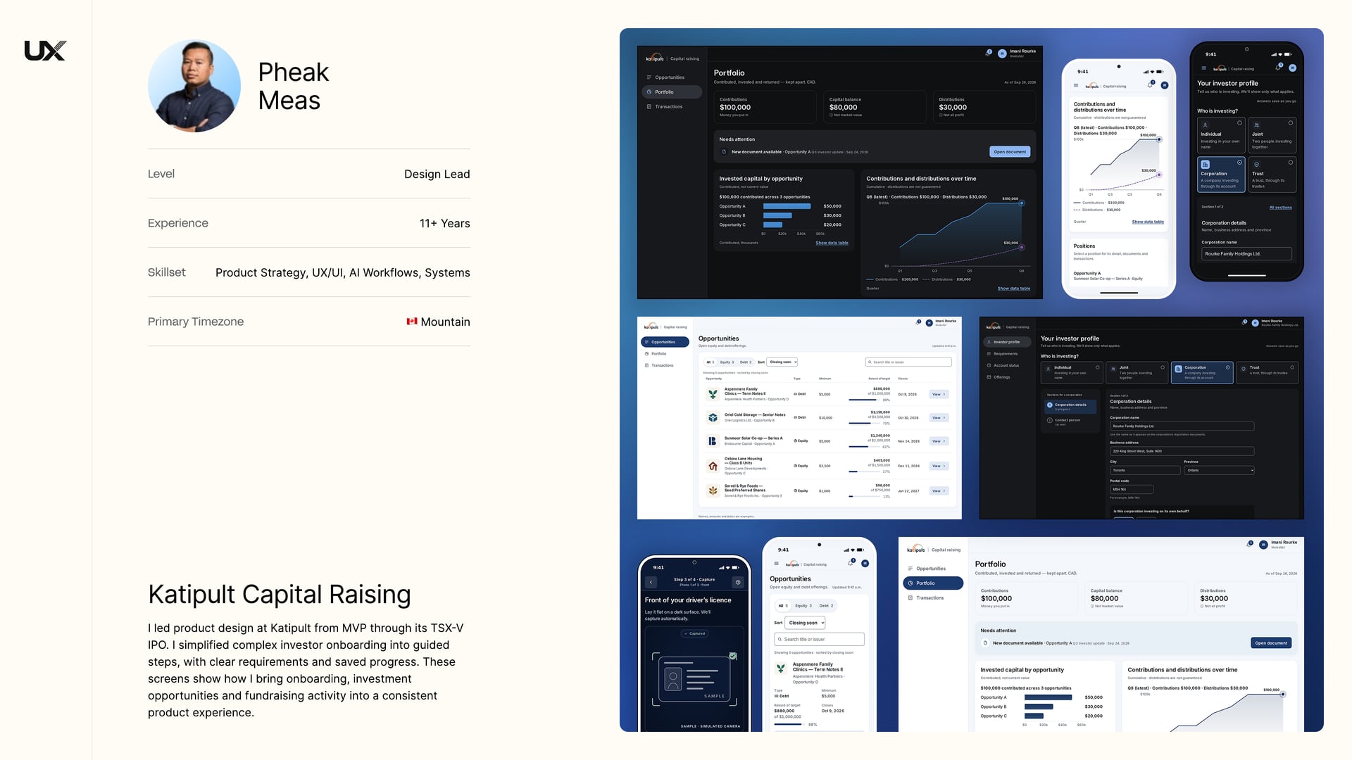 Slide 3: Katipult Capital Raising. Desktop and mobile screens of an investment platform, including an investor portfolio with contribution charts, an opportunities list, an investor profile form and a guided ID capture step.