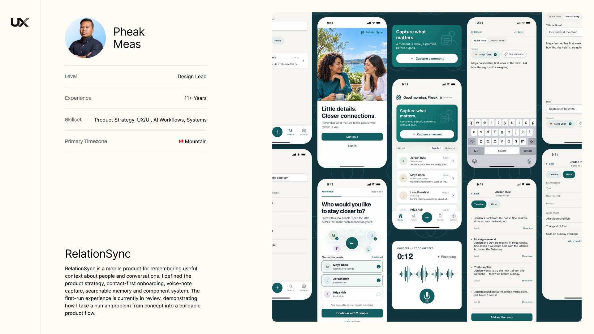 Slide 6: RelationSync. Mobile screens of a relationship memory app, including a welcome screen, contact selection onboarding, a home feed of notes, a note editor, a voice recording concept and a contact timeline.