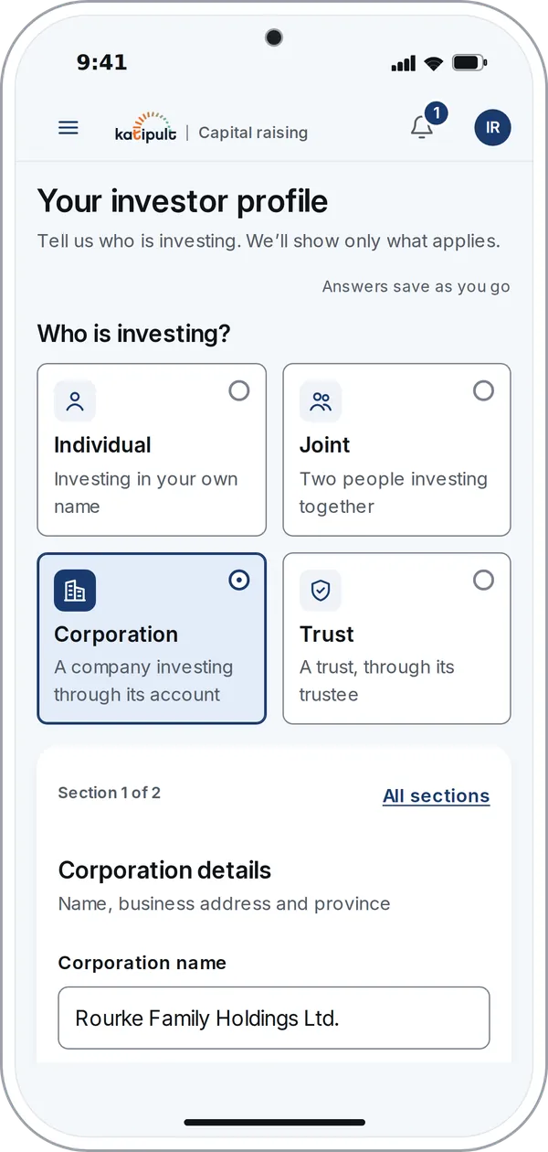 Phone: Your investor profile. Who is investing? Individual, Joint, Corporation (selected) or Trust, then corporation details.