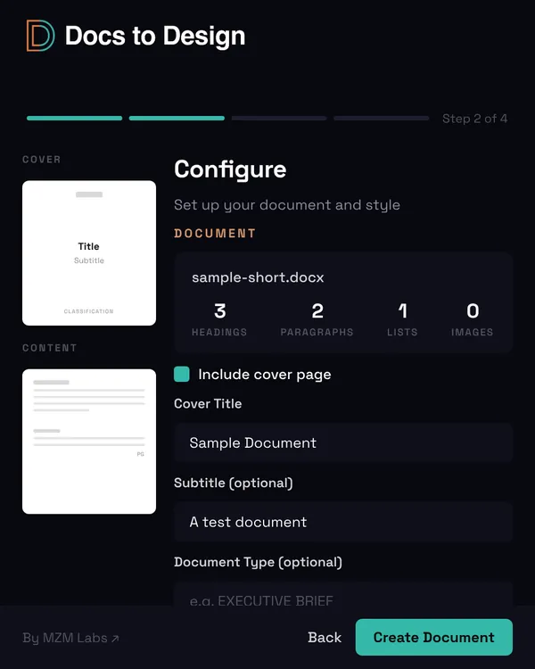 Plugin panel (earlier build): document details for sample-short.docx (3 headings, 2 paragraphs, 1 list, 0 images), with Include cover page, Cover Title and an optional subtitle.
