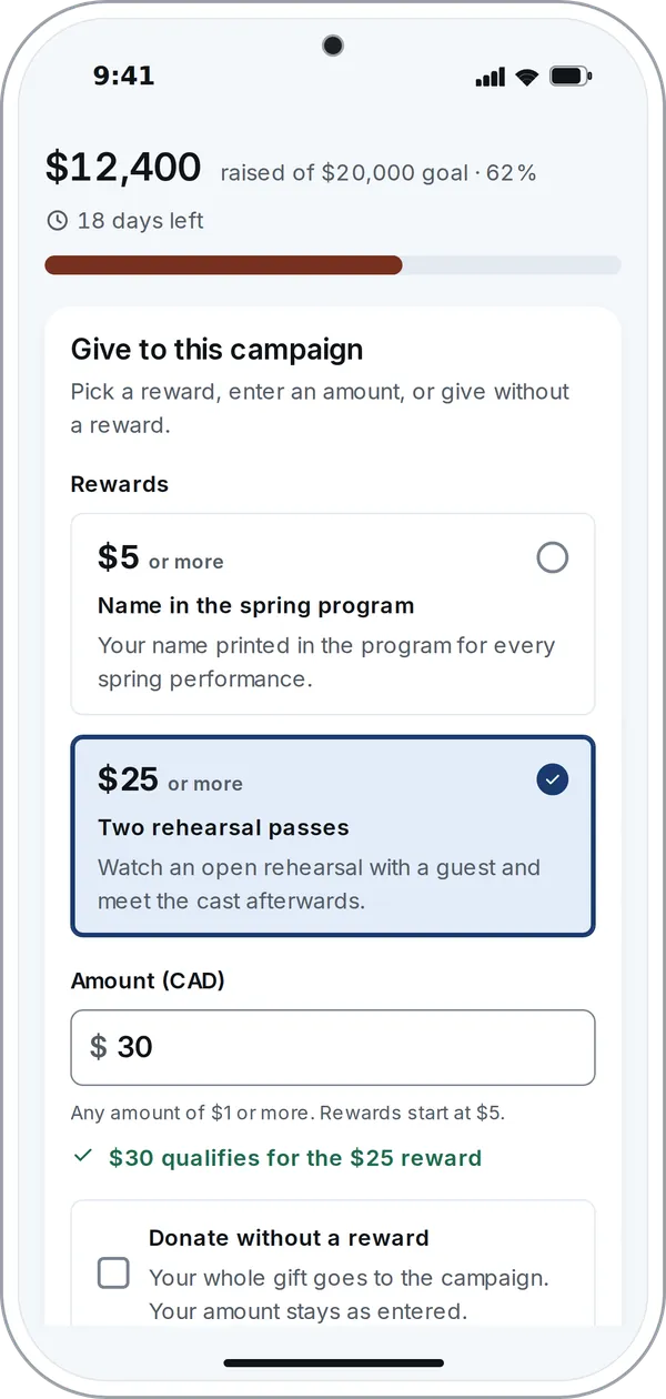 Phone: Give to this campaign. Rewards from $5 and $25 (selected), amount $30, “$30 qualifies for the $25 reward”, and Donate without a reward.