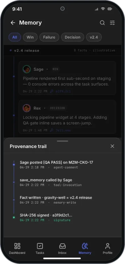 Phone: Memory with a provenance trail: an agent comment, a tool call, the fact written and a signed hash.
