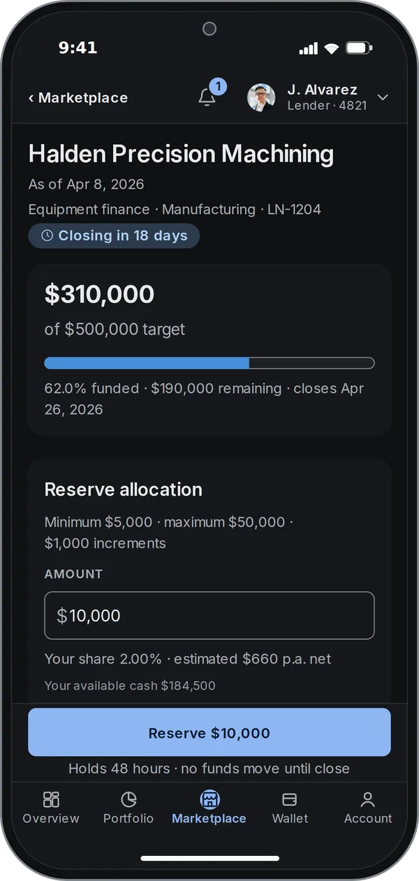 Phone: an open offering, $310,000 of a $500,000 target, 62.0% funded, with a reserve allocation form.