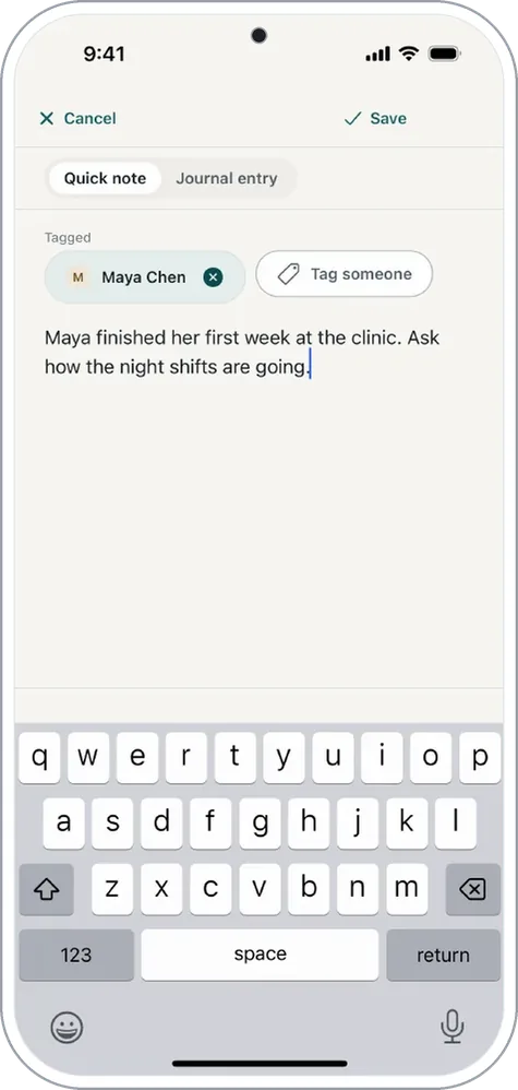 Phone: a quick note tagged Maya Chen: “Maya finished her first week at the clinic. Ask how the night shifts are going.”