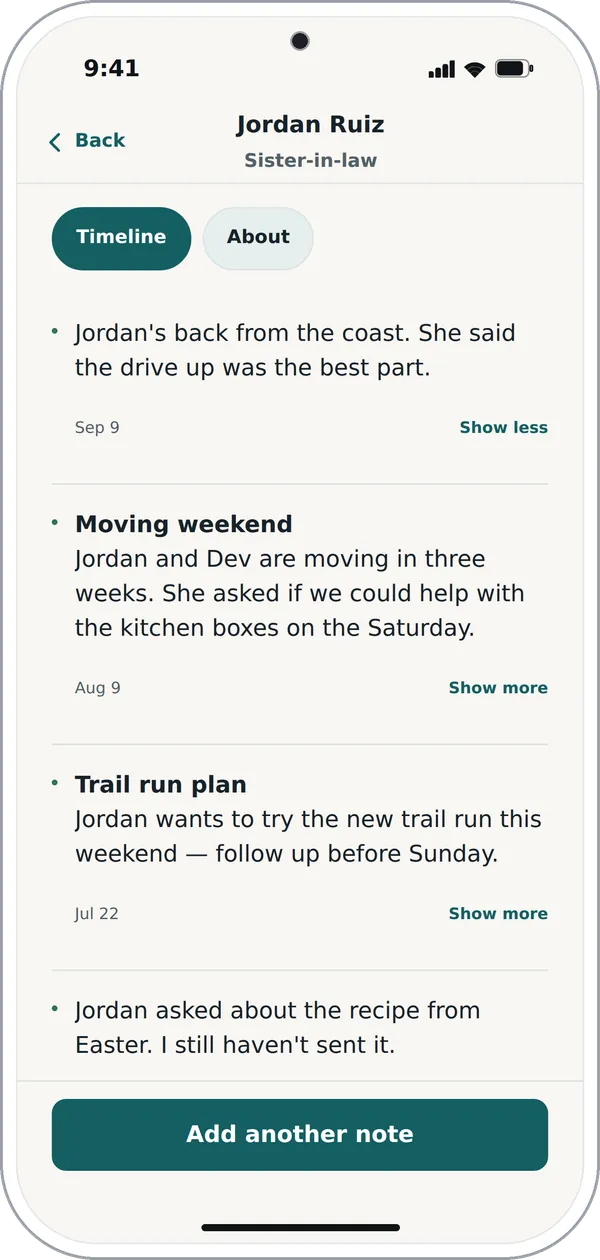 Phone: Jordan Ruiz, sister-in-law. Timeline of notes, newest first, with Add another note at the foot.